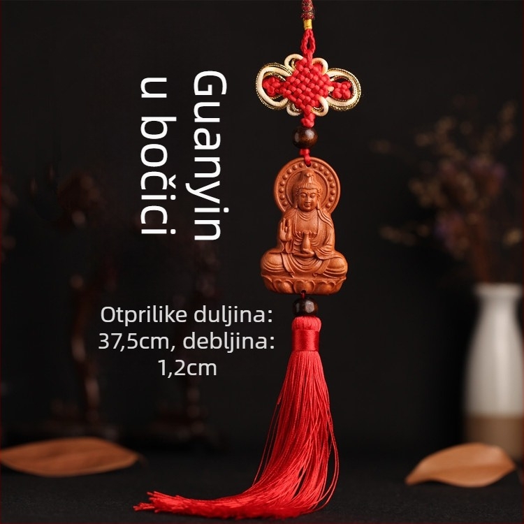 Drveni auto privjesak od drveta breskve s Pixiu, Guan Gong i Guanyin — tradicionalni kineski stil, unutarnja dekoracija auta