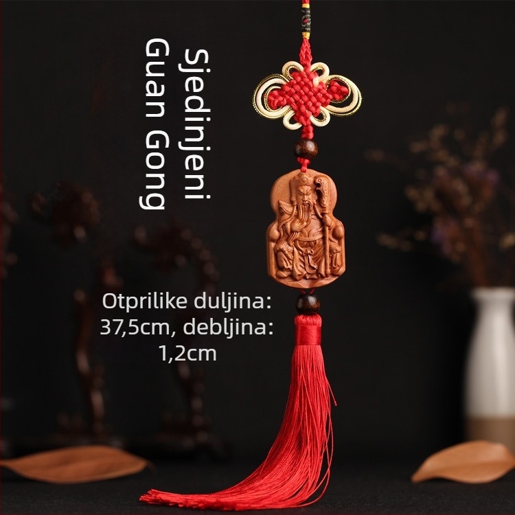 Drveni auto privjesak od drveta breskve s Pixiu, Guan Gong i Guanyin — tradicionalni kineski stil, unutarnja dekoracija auta