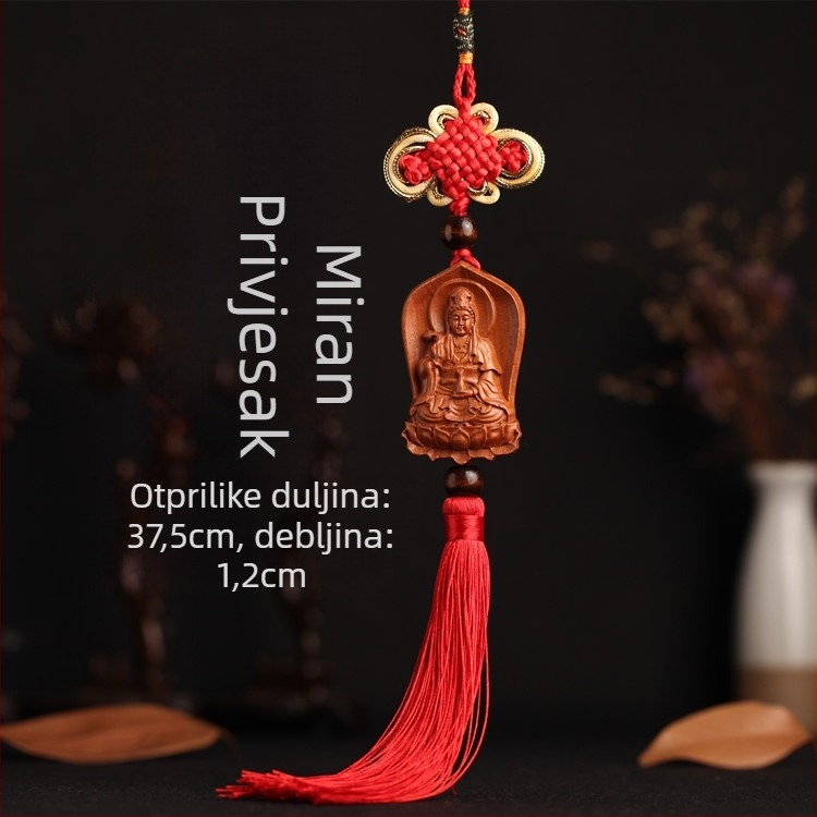 Drveni auto privjesak od drveta breskve s Pixiu, Guan Gong i Guanyin — tradicionalni kineski stil, unutarnja dekoracija auta