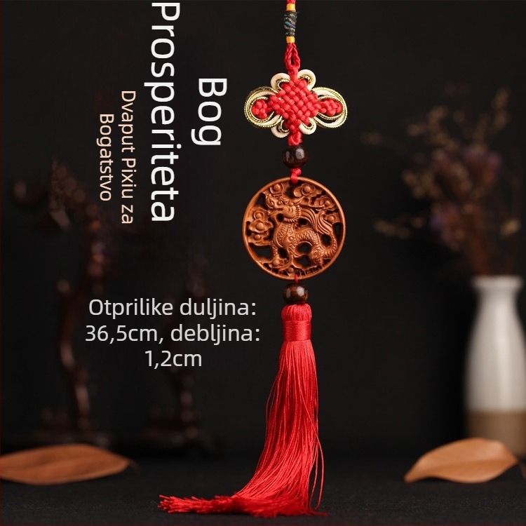 Drveni auto privjesak od drveta breskve s Pixiu, Guan Gong i Guanyin — tradicionalni kineski stil, unutarnja dekoracija auta