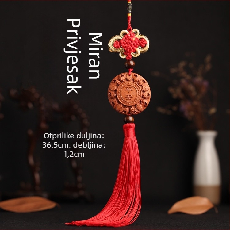 Drveni auto privjesak od drveta breskve s Pixiu, Guan Gong i Guanyin — tradicionalni kineski stil, unutarnja dekoracija auta