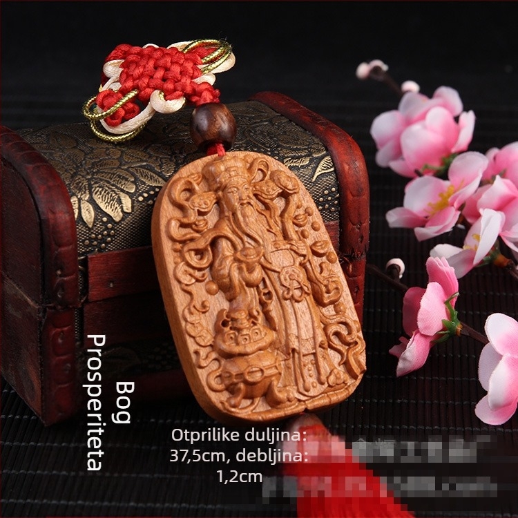 Drveni auto privjesak od drveta breskve s Pixiu, Guan Gong i Guanyin — tradicionalni kineski stil, unutarnja dekoracija auta