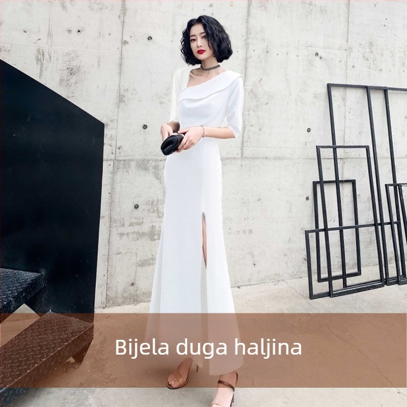 Crna večernja haljina za žene, novi stil, elegantna za bankete, može se nositi i za svakodnevne prilike, visoko kvalitetni poliester, A‑linija kroj, okrugli izrez s tanke naramenice, rukavi 3/4