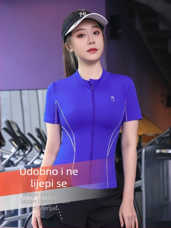 Ženski kratki sportski top sa zatvaračem — brzo sušeći poliester-elastan, uski kroj, pogodan za jogu i trčanje