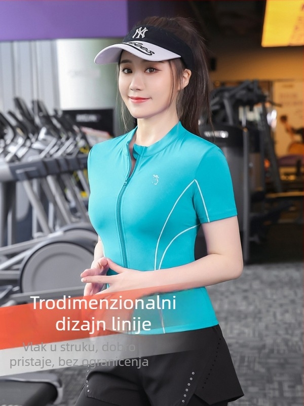 Ženski kratki sportski top sa zatvaračem — brzo sušeći poliester-elastan, uski kroj, pogodan za jogu i trčanje