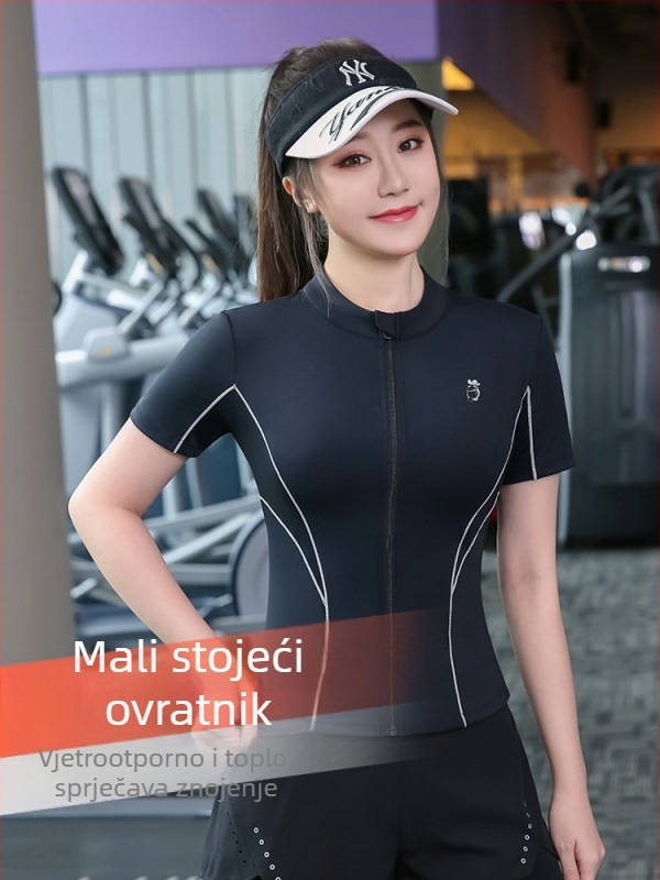 Ženski kratki sportski top sa zatvaračem — brzo sušeći poliester-elastan, uski kroj, pogodan za jogu i trčanje
