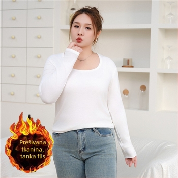 Plus-size ženski T‑shirt od modalne tkanine s dugim rukavima, brušena (brushed) tkanina, 2% elastan, četvrtasti ovratnik, unutarnja flis podstava, japansko-korejski ležerni stil