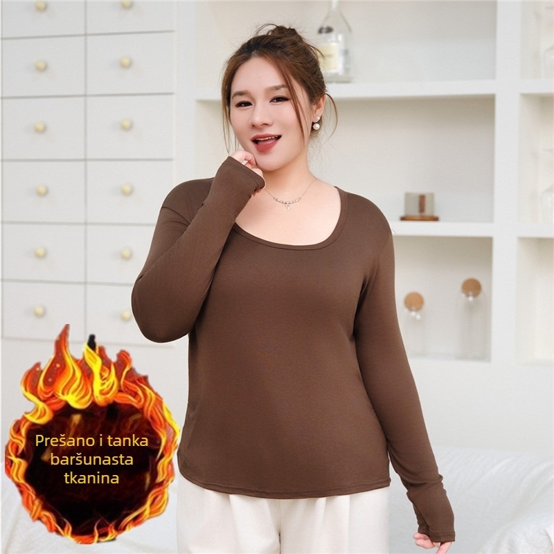 Plus-size ženski T‑shirt od modalne tkanine s dugim rukavima, brušena (brushed) tkanina, 2% elastan, četvrtasti ovratnik, unutarnja flis podstava, japansko-korejski ležerni stil