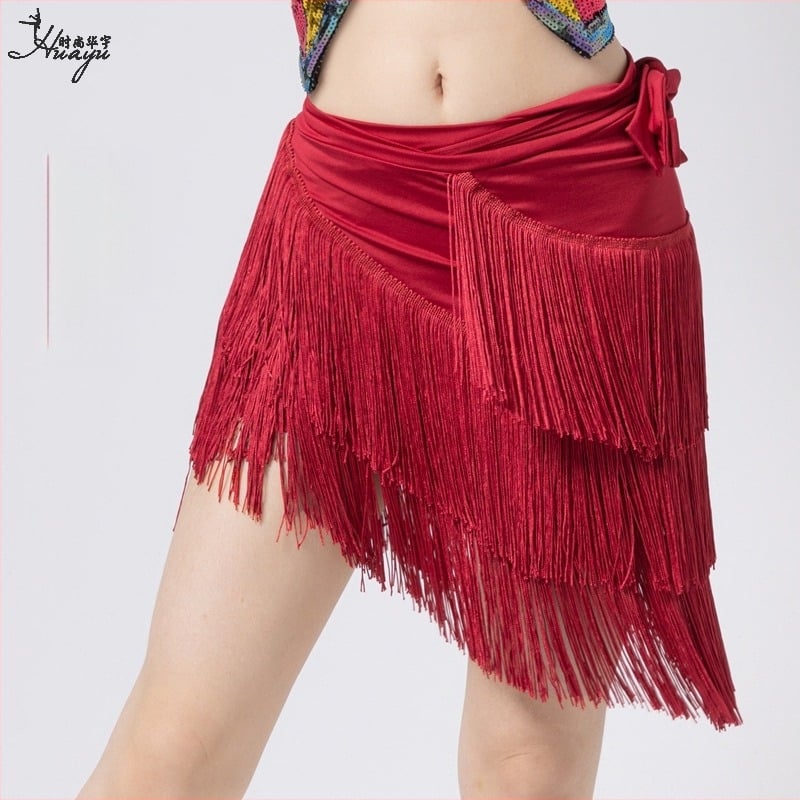 Fashion Huayu latino plesna trenirka haljina za žene — nepravilna resasta suknja s resicama, jedinstveni hip panel, Milk Silk + resice, glavni materijal Nylon