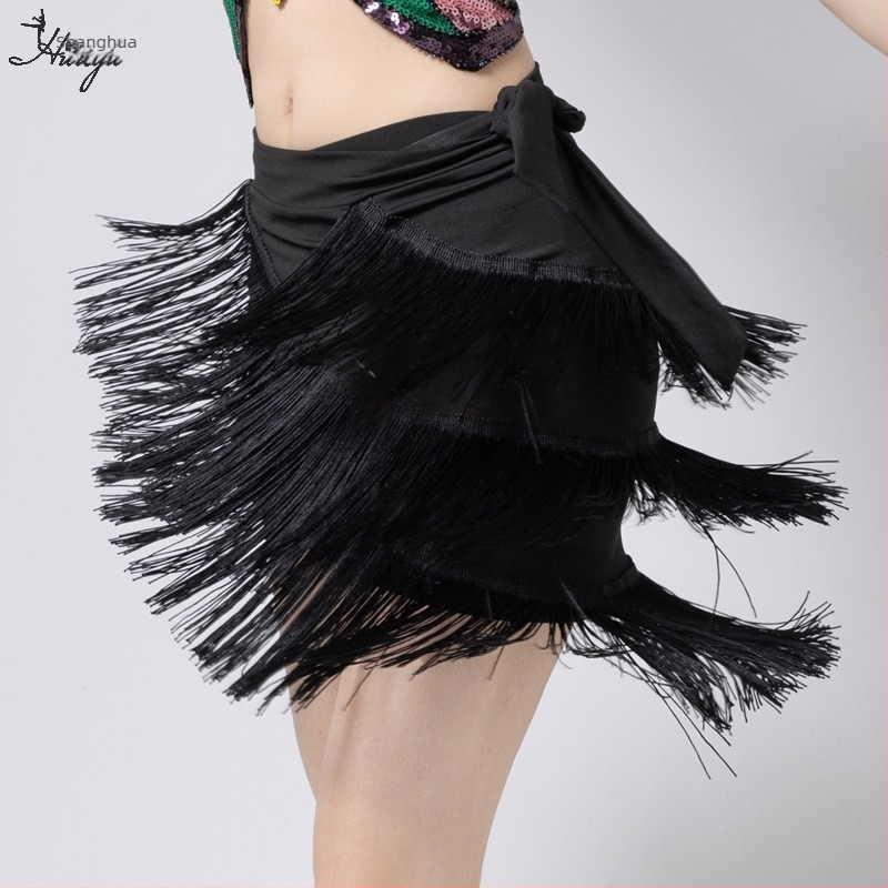 Fashion Huayu latino plesna trenirka haljina za žene — nepravilna resasta suknja s resicama, jedinstveni hip panel, Milk Silk + resice, glavni materijal Nylon