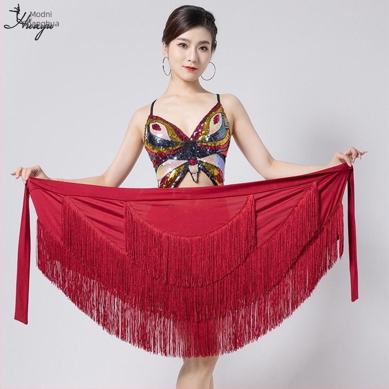 Fashion Huayu latino plesna trenirka haljina za žene — nepravilna resasta suknja s resicama, jedinstveni hip panel, Milk Silk + resice, glavni materijal Nylon