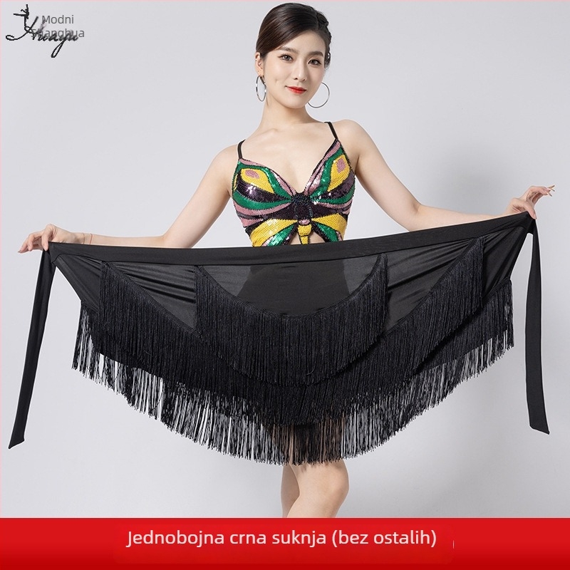 Fashion Huayu latino plesna trenirka haljina za žene — nepravilna resasta suknja s resicama, jedinstveni hip panel, Milk Silk + resice, glavni materijal Nylon