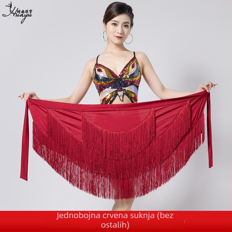 Fashion Huayu latino plesna trenirka haljina za žene — nepravilna resasta suknja s resicama, jedinstveni hip panel, Milk Silk + resice, glavni materijal Nylon