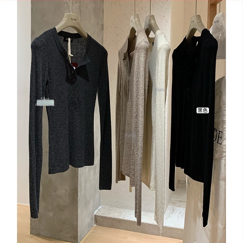 Pamukasta pletena majica s Henry ovratnikom, dugi rukavi, 95%+ pamuk, jednofarbni uzorak