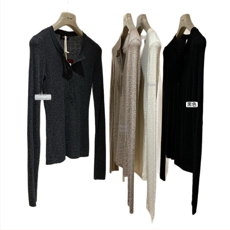 Pamukasta pletena majica s Henry ovratnikom, dugi rukavi, 95%+ pamuk, jednofarbni uzorak