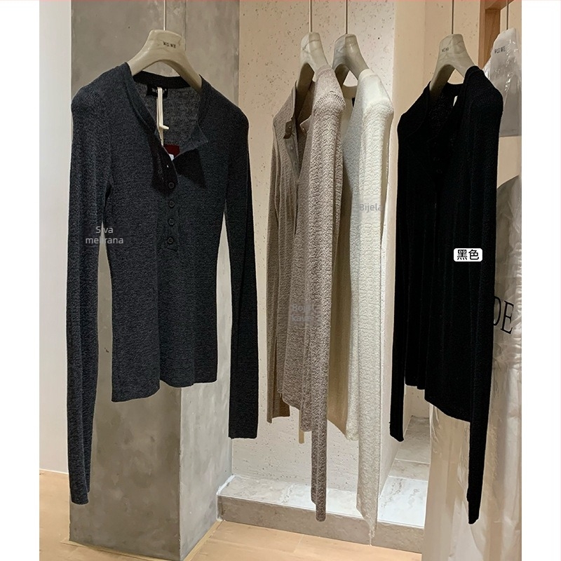 Pamukasta pletena majica s Henry ovratnikom, dugi rukavi, 95%+ pamuk, jednofarbni uzorak