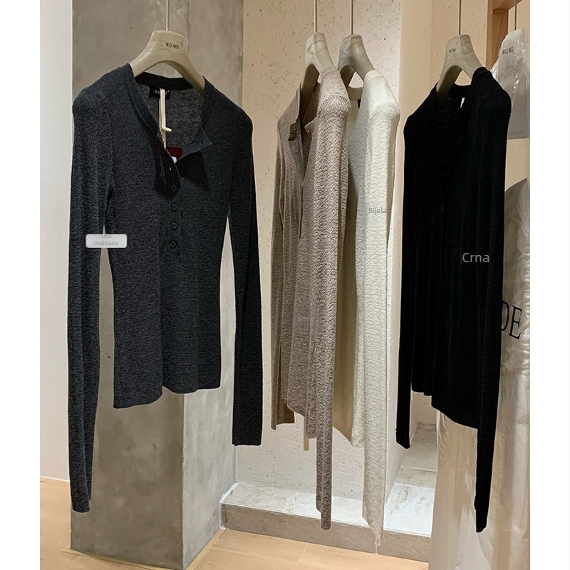 Pamukasta pletena majica s Henry ovratnikom, dugi rukavi, 95%+ pamuk, jednofarbni uzorak