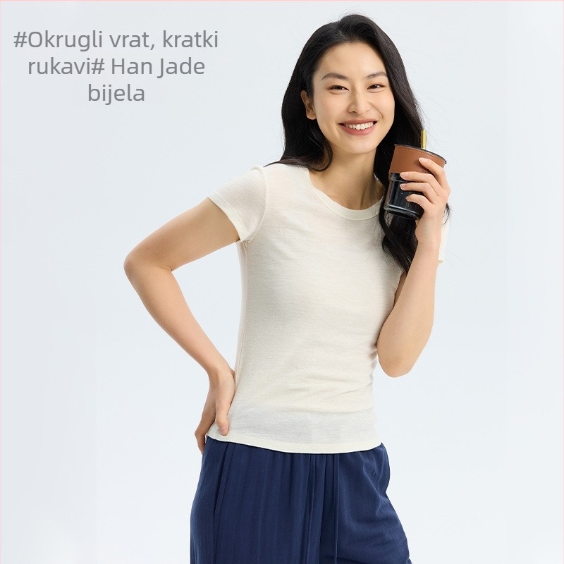 Ženska majica s kratkim rukavima od ovčje vune, okrugli izrez, casual stil, duljina 50–65 cm