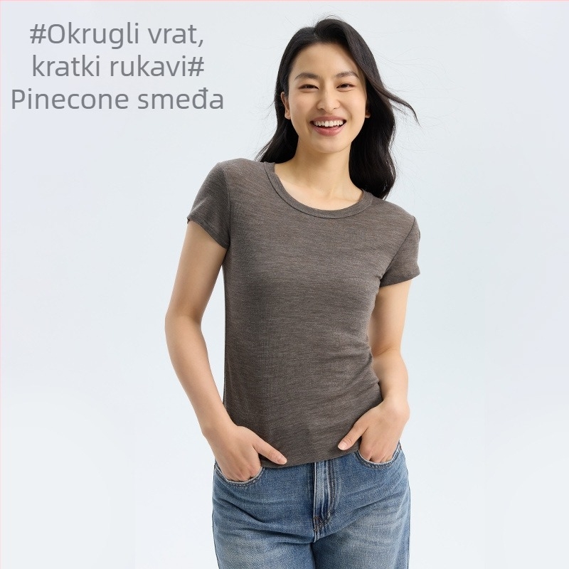 Ženska majica s kratkim rukavima od ovčje vune, okrugli izrez, casual stil, duljina 50–65 cm