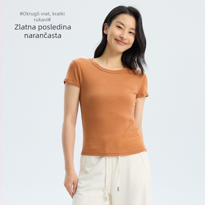 Ženska majica s kratkim rukavima od ovčje vune, okrugli izrez, casual stil, duljina 50–65 cm