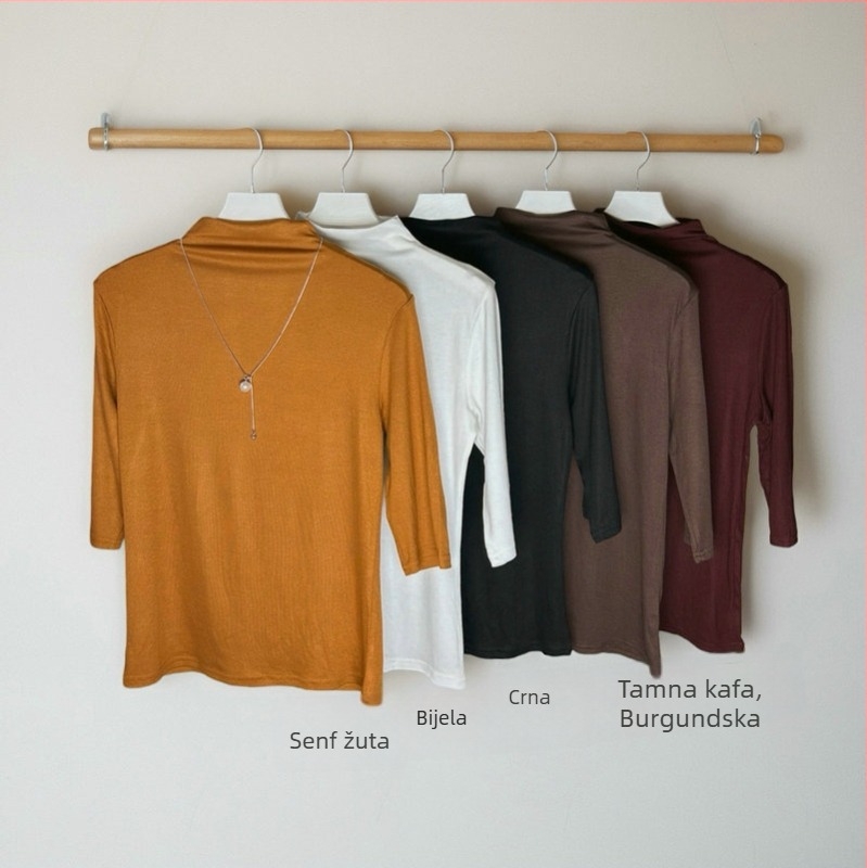 Pleteni top s polovičnim visokim ovratnikom, regularni rukavi, viskoza-elastanska pletenina, glatki uzorak, obična duljina, elegantan gradski stil