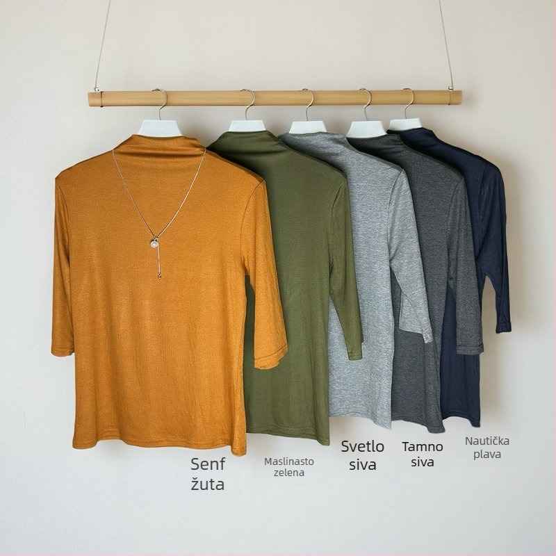 Pleteni top s polovičnim visokim ovratnikom, regularni rukavi, viskoza-elastanska pletenina, glatki uzorak, obična duljina, elegantan gradski stil