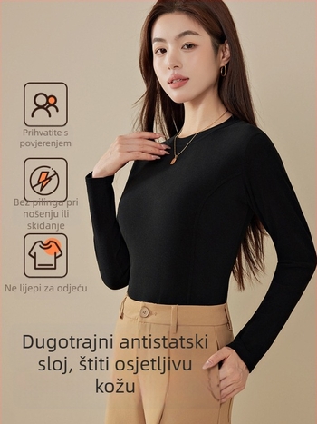 Ženska bazna majica s dugim rukavima, okrugli ovratnik, uski kroj, 80-90% poliester, pleteni materijal, topao komad