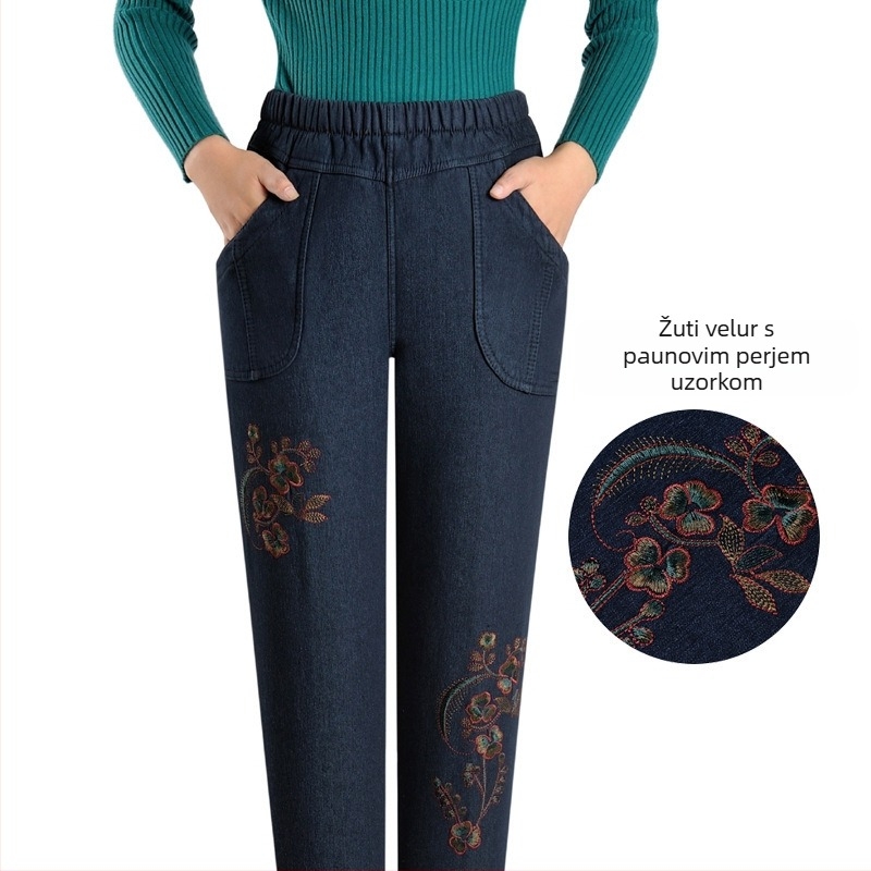 Traperice za žene srednje dobi i starije, visoki pojas, ravne nogavice, pamuk denim s vezenjem.