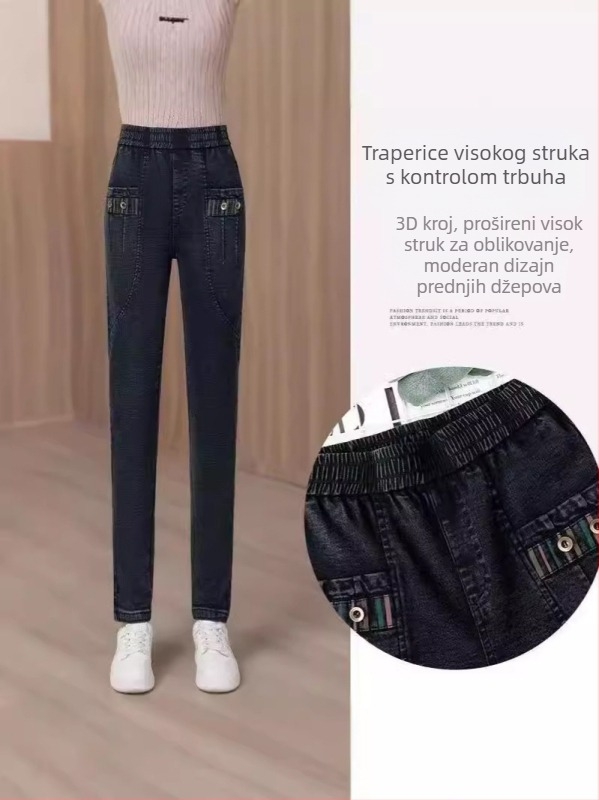 Ženske uske traperice s flis podstavom, visokim strukom, uske, pamuk-spandeks denim, zima 2025