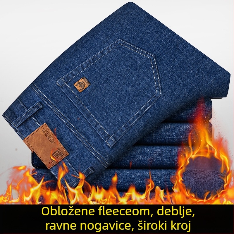 Muške elastične traperice s fleec podstavom, ravni kroj, srednji struk, zatvarač