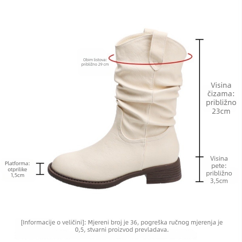 Ženske Martin čizme – do sredine potkoljenice, plisirani slojeviti dizajn, unutarnje povećanje visine, debeli pet 3–5 cm, gornji dio od sintetičke kože