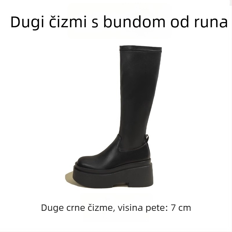Ženske čizme iznad koljena s elastičnim krojem i debelim potplatom, visina potpetice 6–8 cm, PU đon, prednje vezanje