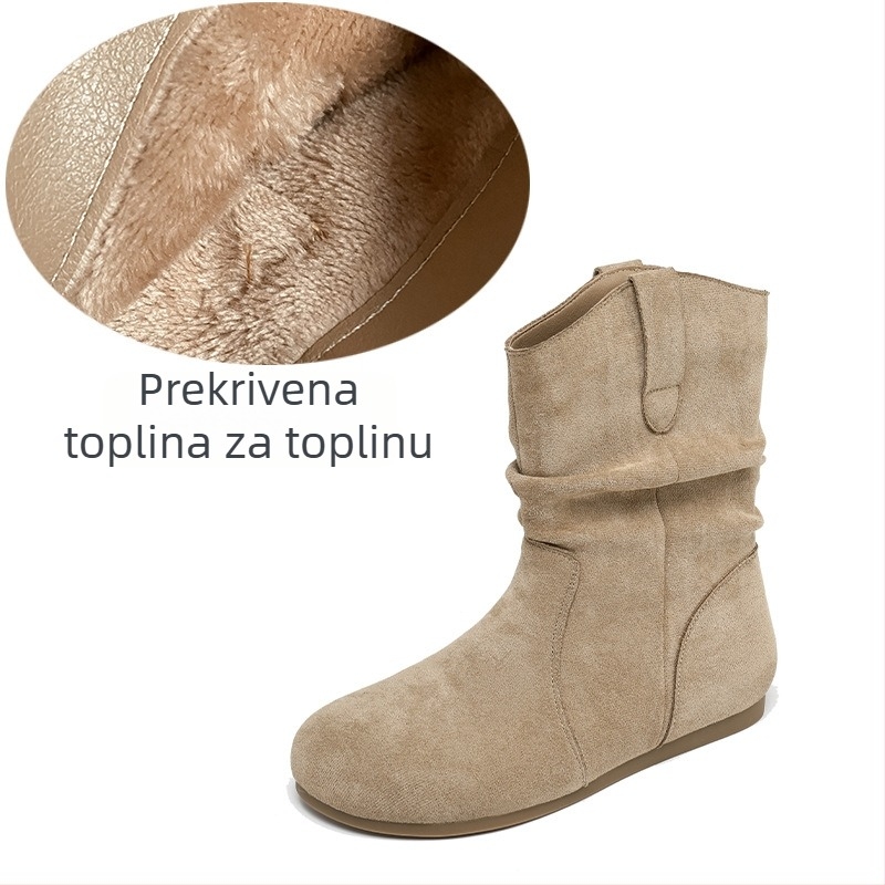 Kaubojske čizme od velura, okrugli vrh, debeli niski potpetice, ulošak s umjetnim krznom