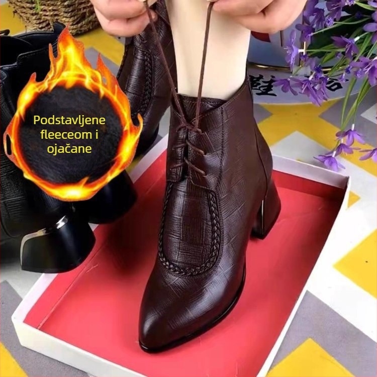 Ženske Martin čizme s oštrim nosom, fleece podstava, PU gornji dio, srednje visoka pet 3–5 cm, bočni zip, jednobojne