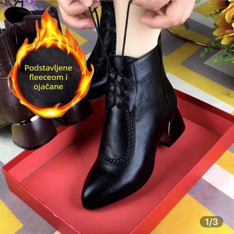 Ženske Martin čizme s oštrim nosom, fleece podstava, PU gornji dio, srednje visoka pet 3–5 cm, bočni zip, jednobojne