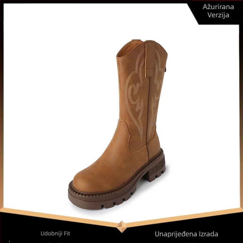 Vintage mikrovlaknaste Western kaubojske čizme s debelim petom, floralni uzorak, zadnji zip