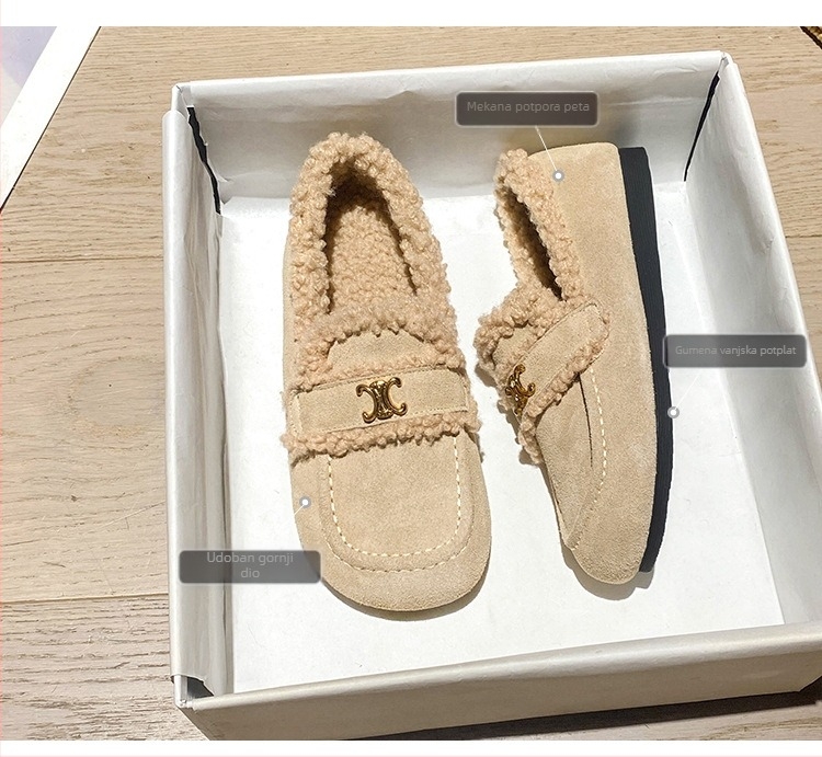 Ženske plüss slip-on cipele za zimu, bez vezica, niski potpetica 1–3 cm, okrugli vrh, ulošak od ovčje vune, potplat od teletine