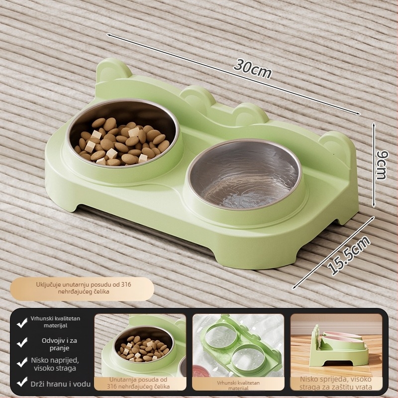 Plastična dvostruka zdjela za mačke, zdjela za hranu i vodu s nagnutim rubom, dizajn protiv prosipanja