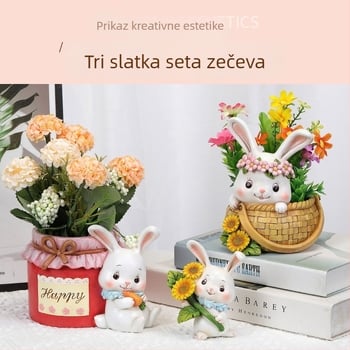 Figurica od smole zeko za unutarnju dekoraciju — pastoralni stil, ukras za cvijeće i stolni dekor, brend Ming craftsman crafts