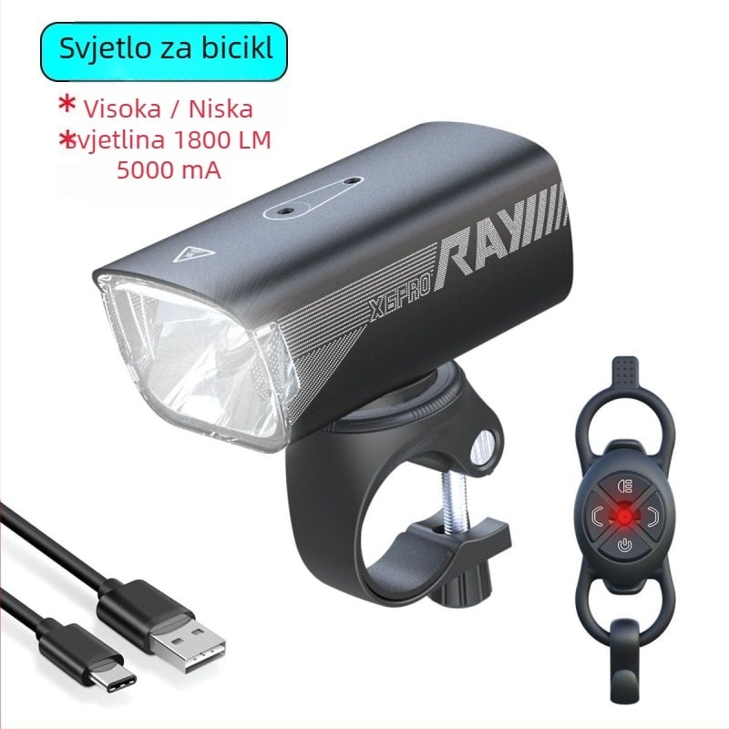 Biciklističko prednje svjetlo 1800 lm, viseća montaža, bežični daljinski upravljač, anti-refleksno, vodootporno