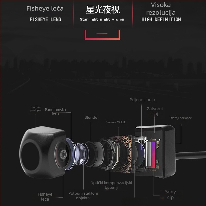 AHD Starlight retro kamera za 12V vozila, 720P, prilagodljiv ugao gore-dolje, AV signal