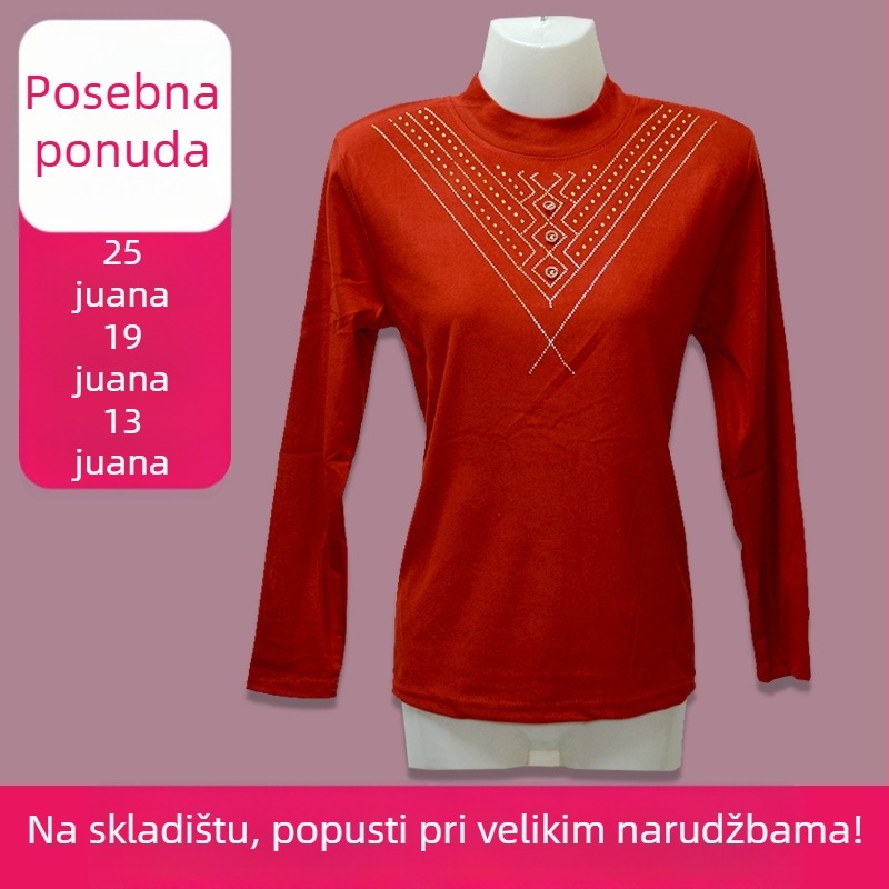 Ženski slim top s poluvisokim ovratnikom i ukrasnim rhinestones hot-drill, De Velvet tkanina 95%+, udjel hot-drill ispod 30%, Ljeto 2024