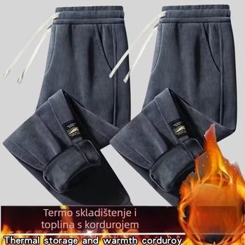 Corduroy casual muške hlače, labav kroj, fleece podstava, elastični pojas s vezicom, zimska upotreba
