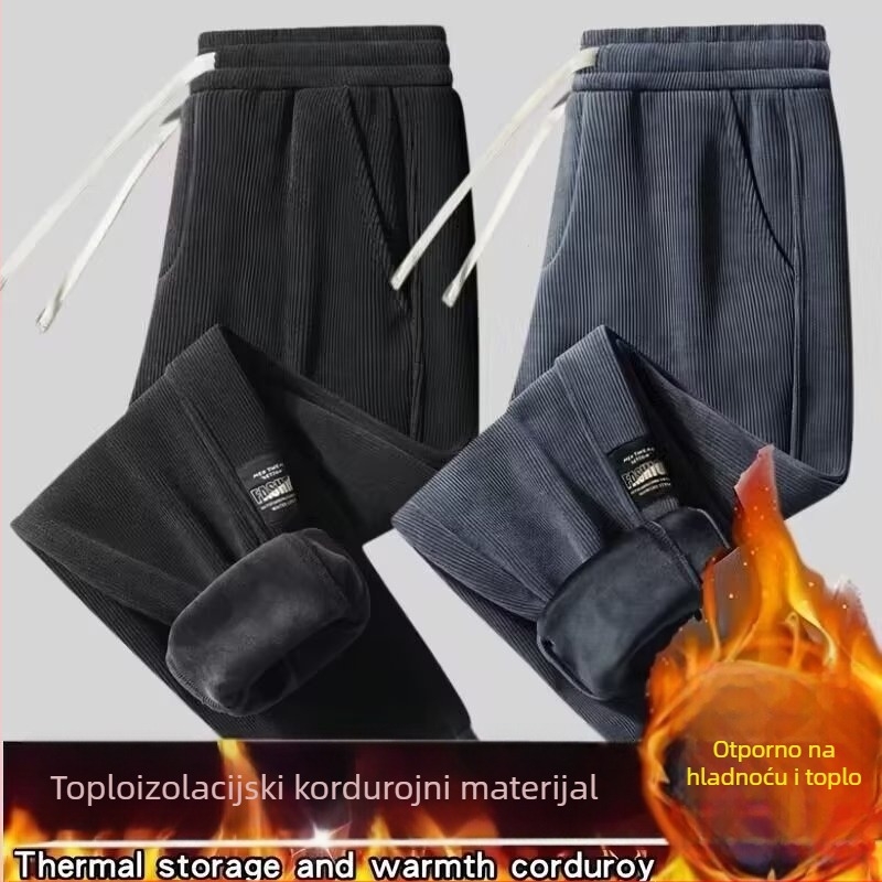 Corduroy casual muške hlače, labav kroj, fleece podstava, elastični pojas s vezicom, zimska upotreba