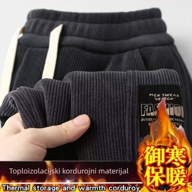 Corduroy casual muške hlače, labav kroj, fleece podstava, elastični pojas s vezicom, zimska upotreba