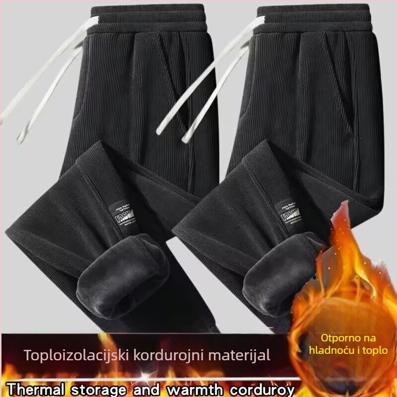 Corduroy casual muške hlače, labav kroj, fleece podstava, elastični pojas s vezicom, zimska upotreba
