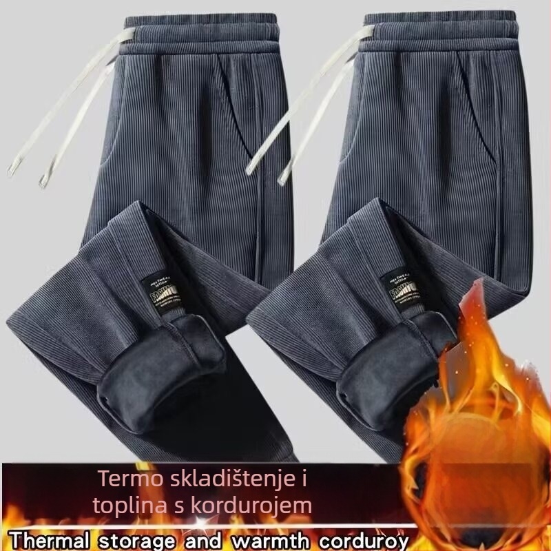 Corduroy casual muške hlače, labav kroj, fleece podstava, elastični pojas s vezicom, zimska upotreba