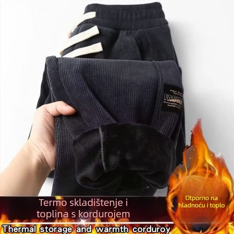 Corduroy casual muške hlače, labav kroj, fleece podstava, elastični pojas s vezicom, zimska upotreba