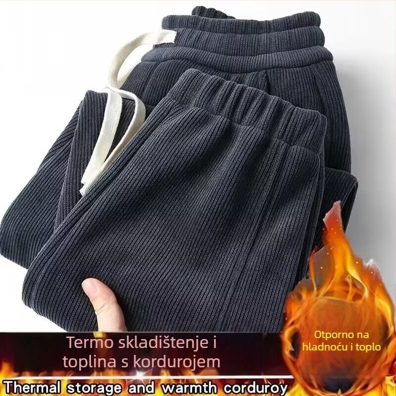 Corduroy casual muške hlače, labav kroj, fleece podstava, elastični pojas s vezicom, zimska upotreba