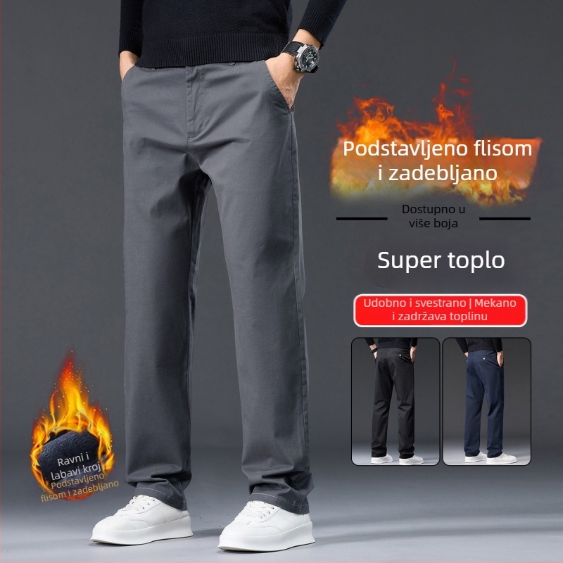 Muške hlače od pamuka s fleece podstavom, ravni kroj, visok pojas, jesen-zima